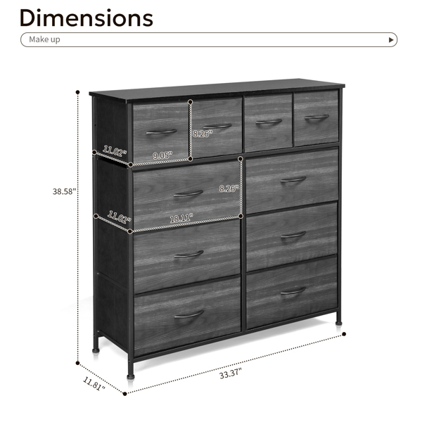 10 drawers, 6 large and 4 small, non-woven storage cabinets, cationic cloth surface + non-woven fabric drawers + particle board + iron frame 85*30*120cm, black wood grain drawer surface