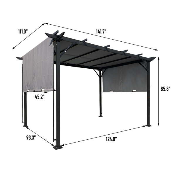 12 x 9.5 Ft Outdoor Pergola Patio Gazebo,Retractable Shade Canopy,Steel Frame Grape Gazebo,Sunshelter Pergola，Grey [Sale to Temu is Banned.Weekend can not be shipped, order with caution]