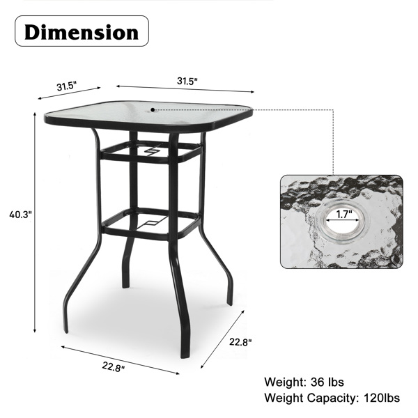 31 Inch Patio Bar Table, Square Outdoor Bar Height Bistro Table with Tempered Glass Tabletop & Umbrella Hole, Outdoor Cocktail Table for Patio Yard Poolside, Black