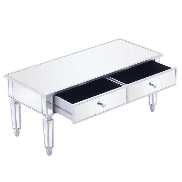 Mirrored Coffee Table with LED Lights and 2 Drawers, Rectangle Modern Cocktail Table for Living Room Office, Silver