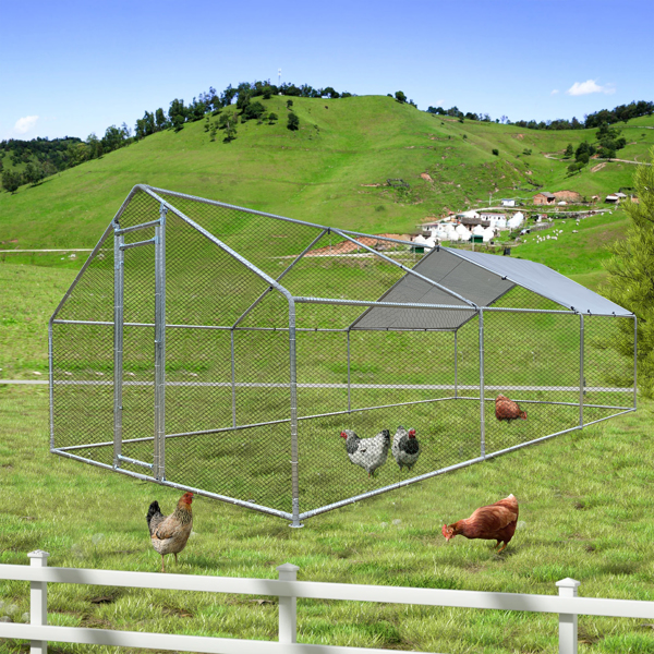 9.8'L x 19.7'W Large Chicken Coop Metal Chicken Run Walk-in Poultry Cage Spire-Shaped with Waterproof and Anti-Ultraviolet Cover and Lockable Door [Sale to Temu is Banned.Weekend can not be shipped, o