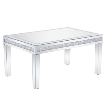 Mirrored Coffee Table with Crystal Inlay, Rectangle Modern Cocktail Table for Living Room Office, Silver