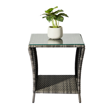 Outdoor Patio Wicker Side Table, Square End Table Bistro Coffee Table with Glass Top Storage Shelf for Porch Garden Backyard Grey