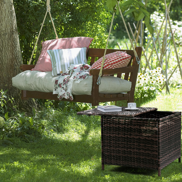 Outdoor PE Wicker Side Table with Storage, Patio Rattan End Table Square Container for Furniture Covers, Toys and Gardening Tools, Brown 