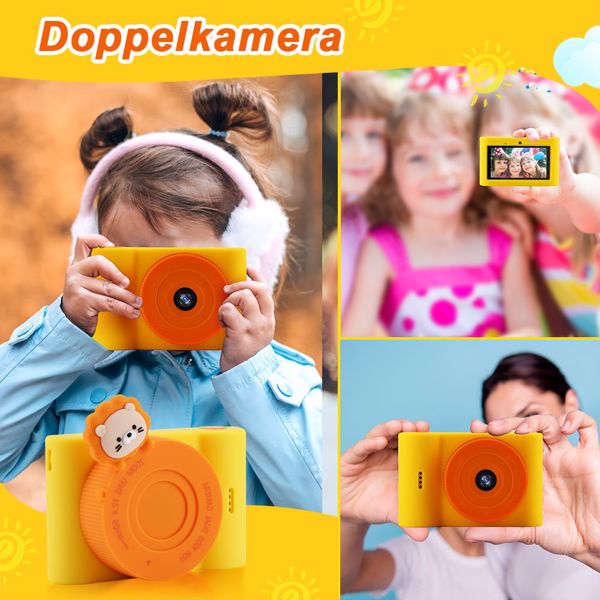 48MP 1080P Kids Camera, WiFi Digital Camera Kids with 3 Inch Touchable Screen e 32GB TF Card, Dual Camera, Orange Lion