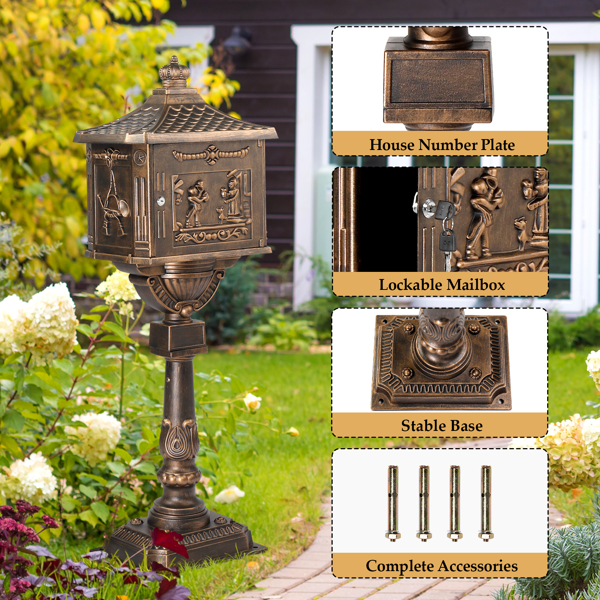Cast Aluminum Mailbox with Post, Heavy Duty Postal Box with 2 Keys, Baffle Door, Expansion Bolts, Address Panel, In-Ground Large Security Mailbox for Outside, Antique Bronze