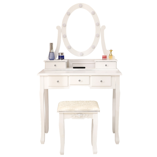 FCH With Light Bulb Single Mirror 5 Drawer Dressing Table White