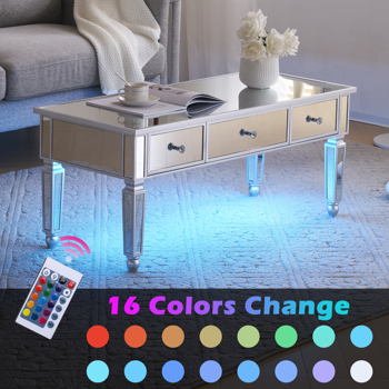 Mirrored Coffee Table with LED Lights and 3 Drawers, Rectangle Modern Cocktail Table for Living Room Office, Silver