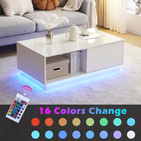 Modern LED Coffee Table with 2 Drawers and 16 Colors LED Lights, High Glossy Rectangle Coffee End Table for Living Room, White