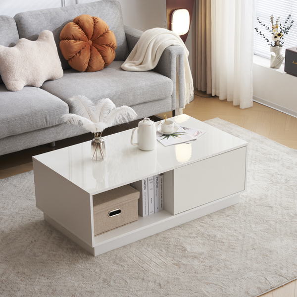 Modern LED Coffee Table with 2 Drawers and 16 Colors LED Lights, High Glossy Rectangle Coffee End Table for Living Room, White