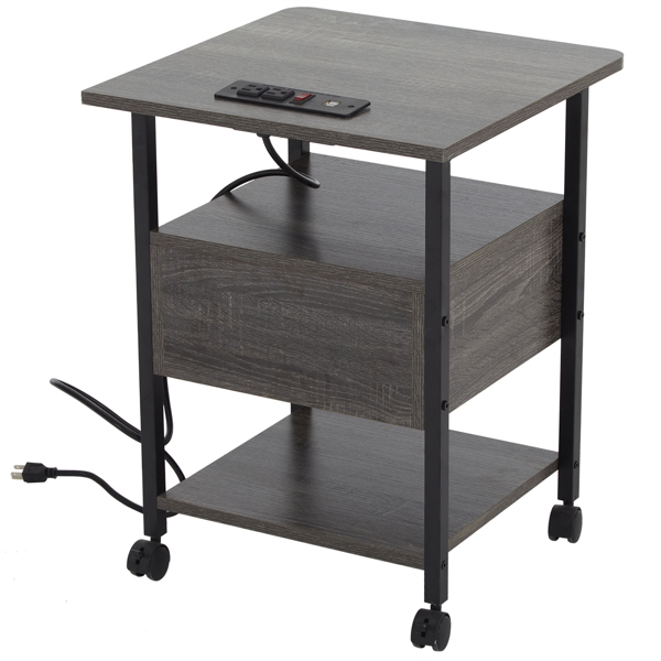 Side Table with Charging Station and Wheels, Rolling End Table with 2 USB Ports and 2 Outlets and Power Switch, Nightstand with Storage Shelves and Drawer for Small Space, Grey