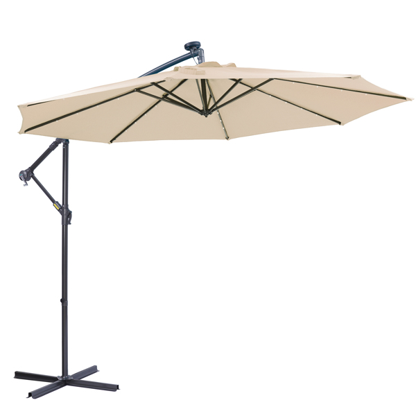 10 FT Solar LED Patio Outdoor Umbrella Hanging Cantilever Umbrella Offset Umbrella Easy Open Adjustment with 32 LED Lights - Tan