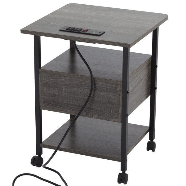 Set of 2 Side Table with Charging Station and Wheels, Rolling End Table with 2 USB Ports and 2 Outlets and Power Switch, Nightstand with Storage Shelves and Drawer for Small Space, Grey
