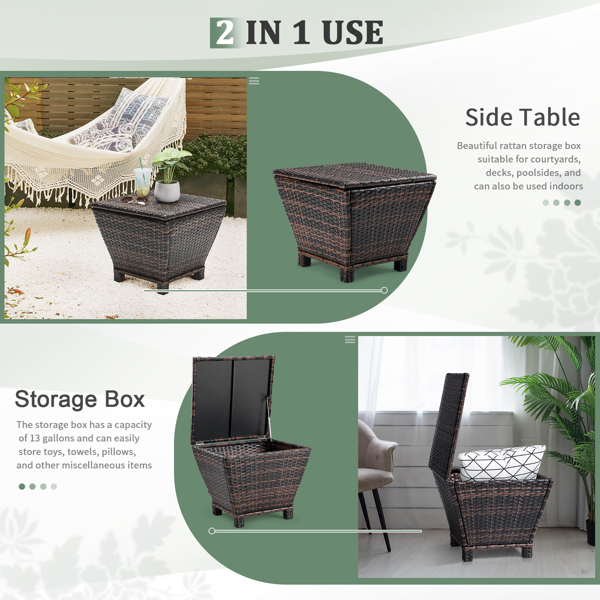Outdoor PE Wicker Side Table with Storage, Small Patio Storage Bin Container for Hose Cushion Towel, Brown