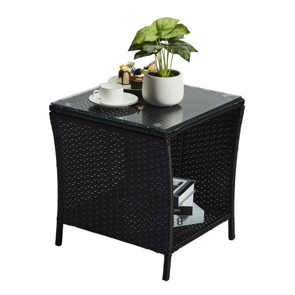 Outdoor Patio Wicker Side Table, Square End Table Bistro Coffee Table with Glass Top Storage Shelf for Porch Garden Backyard Black