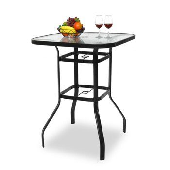 31 Inch Patio Bar Table, Square Outdoor Bar Height Bistro Table with Tempered Glass Tabletop & Umbrella Hole, Outdoor Cocktail Table for Patio Yard Poolside, Black