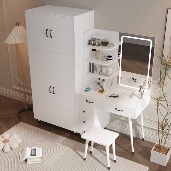 Makeup Vanity Table and Large Armoire Wardrobe Set, Dressing Table with LED Mirror and Power Outlets and 5 Drawers, 4 Door Bedroom Closet, White