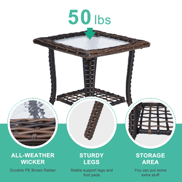 Outdoor Wicker Side Table, Rattan End Table with Glass Top, Patio Coffee Bistro Table for Indoor Garden Porch Balcony, Brown