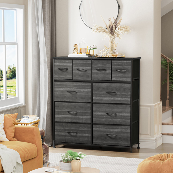 10 drawers, 6 large and 4 small, non-woven storage cabinets, cationic cloth surface + non-woven fabric drawers + particle board + iron frame 85*30*120cm, black wood grain drawer surface
