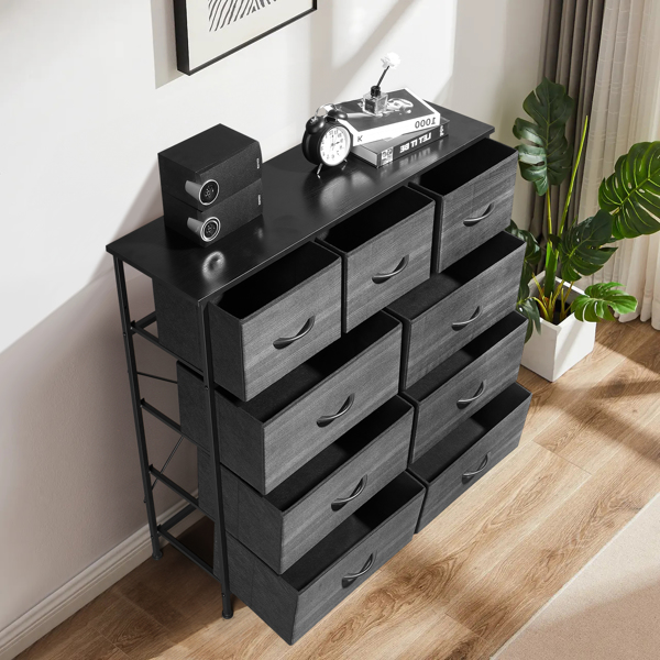 9 drawers, 6 large and 3 small, non-woven storage cabinets, cationic cloth surface + non-woven fabric drawers + particle board + iron frame 100*30*100cm, black wood grain drawer surface