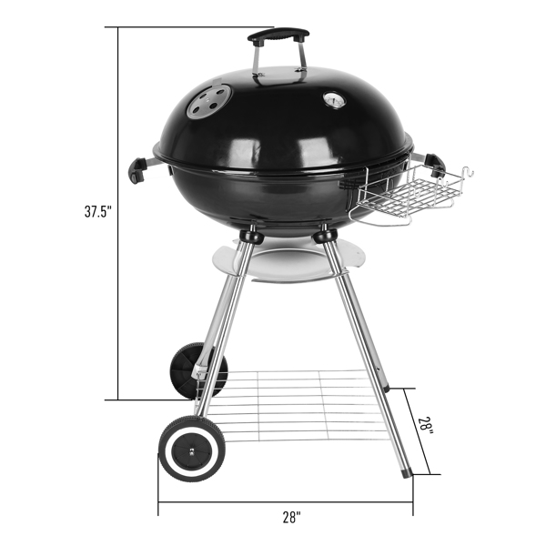 28-Inch Portable Charcoal Grill with Wheels and Storage Holder, Porcelain-Enameled Lid and Ash Catcher & Thermometer, Round Barbecue Kettle Grill Bowl Wheels for Outdoor Party Camping Picnic