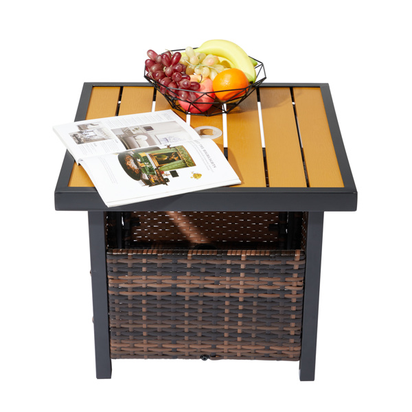 Outdoor Wicker Side Table with Umbrella Hole & Storage Space, Square PE Rattan End Table for Patio Garden Poolside Deck, Brown