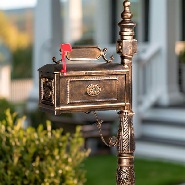 Decorative Large Mailbox with Post, Heavy Duty Cast Aluminum Postal Mail Box with Address Plaque, Antique Bronze