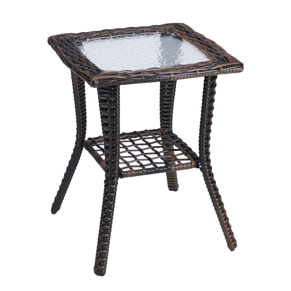 Outdoor Wicker Side Table, Rattan End Table with Glass Top, Patio Coffee Bistro Table for Indoor Garden Porch Balcony, Brown
