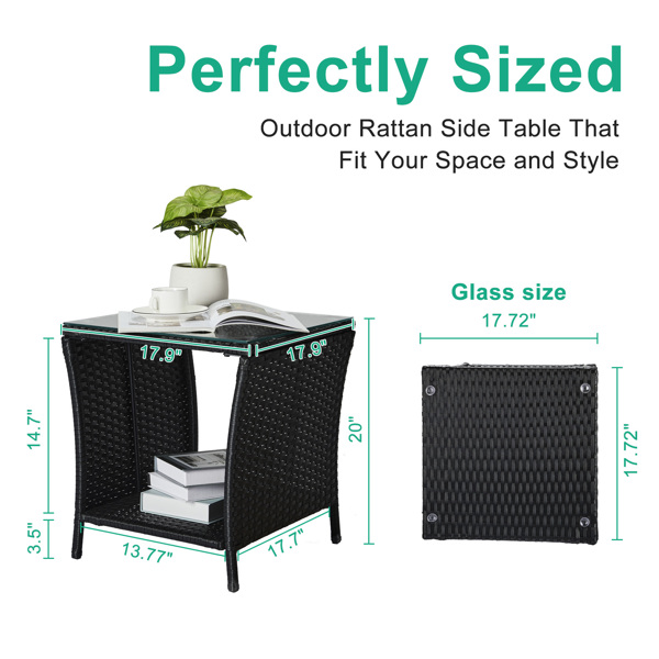 Outdoor Patio Wicker Side Table, Square End Table Bistro Coffee Table with Glass Top Storage Shelf for Porch Garden Backyard Black