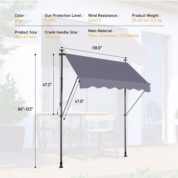 Manual Retractable Awning Canopy-118'' Non-Screw Outdoor Sun Shade Cover with UV Protection [Sale to Temu is Banned.Weekend can not be shipped, order with caution]