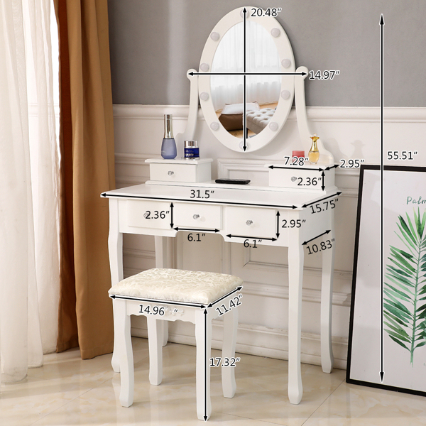 FCH With Light Bulb Single Mirror 5 Drawer Dressing Table White