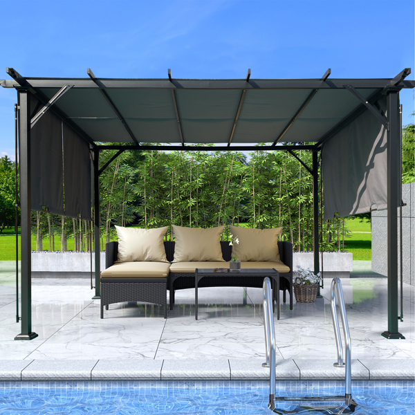 12 x 9.5 Ft Outdoor Pergola Patio Gazebo,Retractable Shade Canopy,Steel Frame Grape Gazebo,Sunshelter Pergola，Grey [Sale to Temu is Banned.Weekend can not be shipped, order with caution]