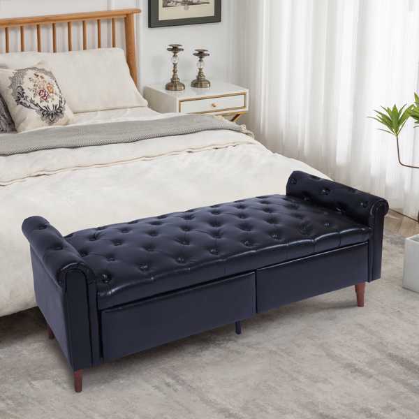Black, Multifunctional Storage Sofa Stool with Pu Leather Armrests