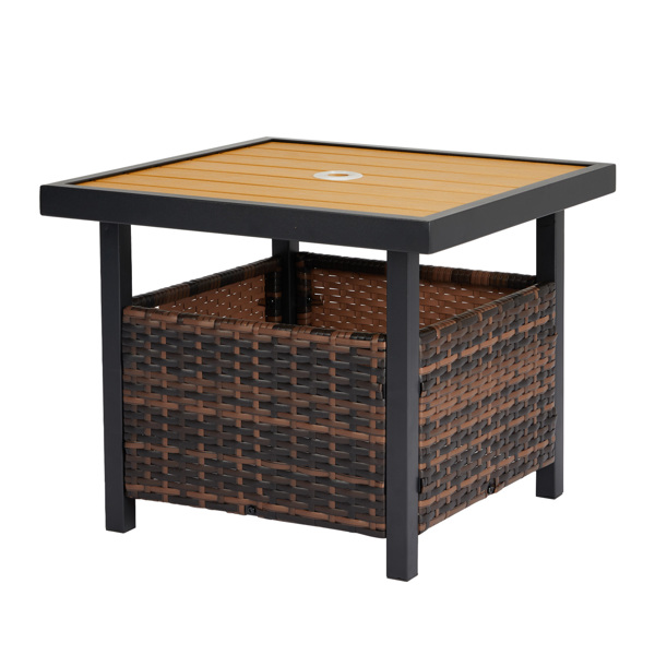 Outdoor Wicker Side Table with Umbrella Hole & Storage Space, Square PE Rattan End Table for Patio Garden Poolside Deck, Brown