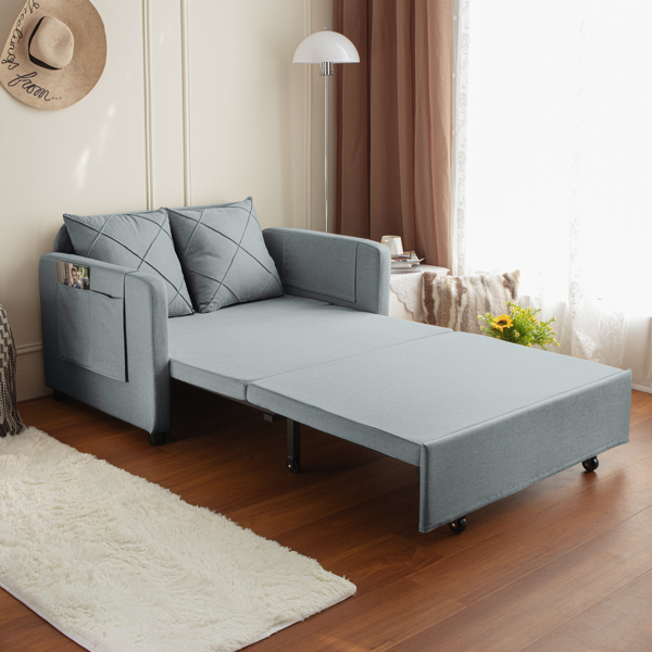 Modern Love Seat Futon Sofa Bed with Headboard,Linen Love seat Couch,Pull Out Sofa Bed With 2 Pillows & 2 Sides Pockets for Any Small Spaces 