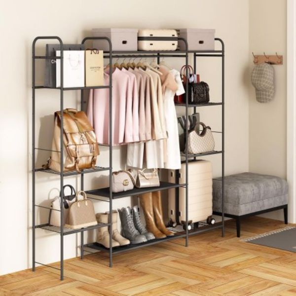 Garment Rack with Double Shelves for Hanging Clothes, Free-Standing Clothes Rack with Shelves for Bedroom, Bathroom, Metal Clothes Racks for Hanging Clothes, Coats, Shoes, Medium, Black 