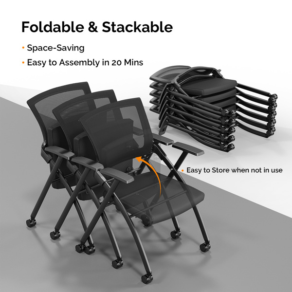 1 Pack Stackable Conference Room Chairs with Wheels, Folding Office Chair with Rebound Back, Padded Seat for Training Room, Guest, Reception, Event, Capacity 350lbs, Black