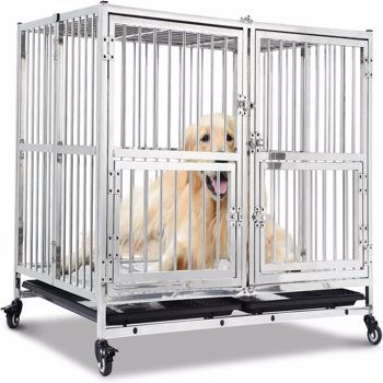 Large Dog Crate 42 inch, High Anxiety Indestructible Stainless Steel Dog Kennel with Lockable Wheels, Double Door and Sturdy Locks, Extra Large XL XXL Heavy Duty Dog Cage with Removable Tray, Silver