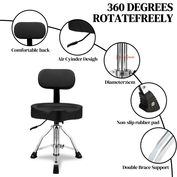 Drum Throne with Backrest, Hydraulic Drum Stool Adjustable Height, Heavy Duty Hydraulic Drum Seat Saddle Design for Drummers Black