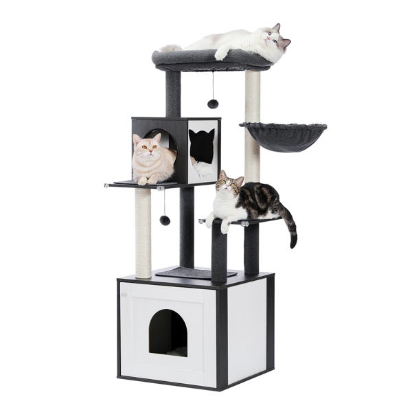 56.7" Cat Tree with Litter Box Enclosure Large, Wood Cat Tower for Indoor Cats with Storage Cabinet and Cozy Cat Condo, Sisal Covered Scratching Post and Repalcable Dangling Balls, Black
