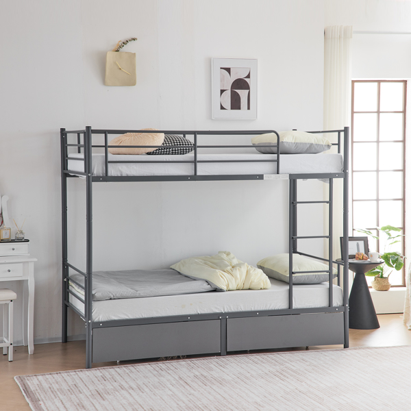 Twin Over Twin Convertible Bunk Bed with 2 Storage Drawers, Metal Bunk Bed Can be Divided Into Two Daybeds, Grey