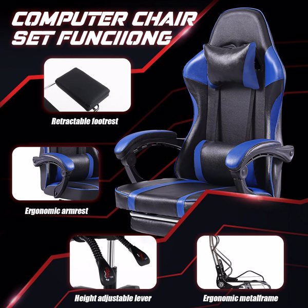 Ergonomic Gaming Chair with Footrest, PU Leather Video Game Chairs for Adults, Reclining Gamer Chair Office Chair with Lumbar Support, Comfortable Computer Chair for Heavy People