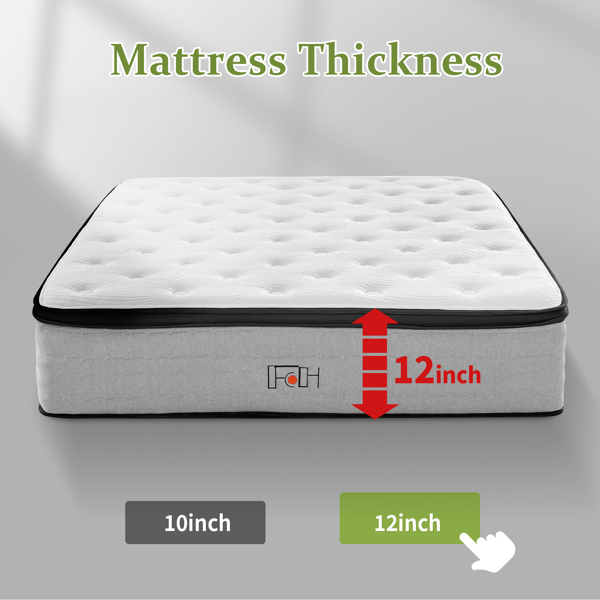 12 Inch Medium Firm Hybrid Mattress in a Box, Individually Wrapped Pocket Spring for Motion Isolation and Cooling Gel Infused Memory Foam Mattress, Full Size