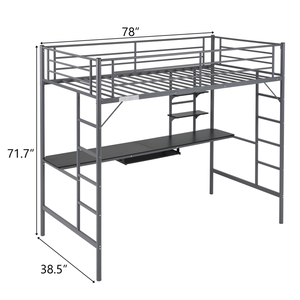 Twin Size Metal Loft Bed with Desk and Storage Shelves, 2 Built-in Ladders & Full-Length Guardrails, Loft Bed Frame for Teens Juniors Adults, Noise Free, No Box Spring Needed, Grey