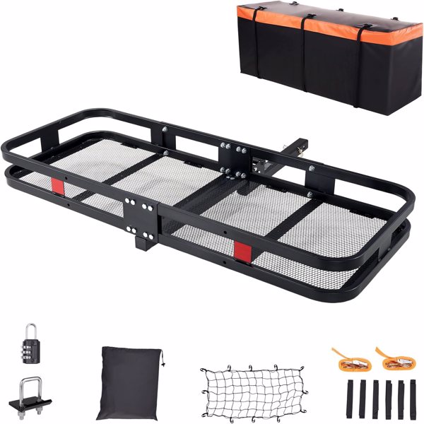 Trailer Hitch Cargo Carrier Rack 500 Lbs｜Heavy Duty Steel Cargo Basket｜60" X 24" X 6" Folding Mount Cargo Carrier with Waterproof Cargo Bag,Cargo Net, Stabilizer for Truck,SUV,RV