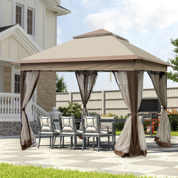 Outdoor 11x 11Ft Pop Up Gazebo Canopy With Removable Zipper Netting,2-Tier Soft Top Event Tent,Suitable For Patio Backyard Garden Camping Area,Coffee [Sale to Temu is Banned.Weekend can not be shipped