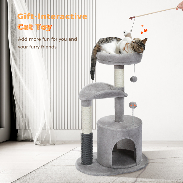  Small Cat Tree for Indoor Cats, Medium Cat Tower with Interactive Cat Toy, 32.7" Cat Condo with Self Groomer Brush, Natural Cat Scratching Post, Dangling Balls for Small & Medium Cats, Beige