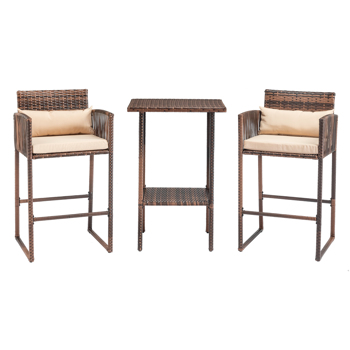 Outdoor 3 Piece Patio Bar Set, Bar Height Bistro Table Set for 2 People, High Top Wicker Bar Stools and Table Outdoor Bar Set with Cushions and Pillows, Brown Gradient Rattan & Beige Cushion