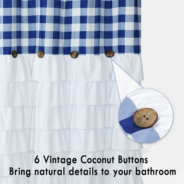 Farmhouse Ruffle Buffalo Check Shower Curtain with Coconut Buttons