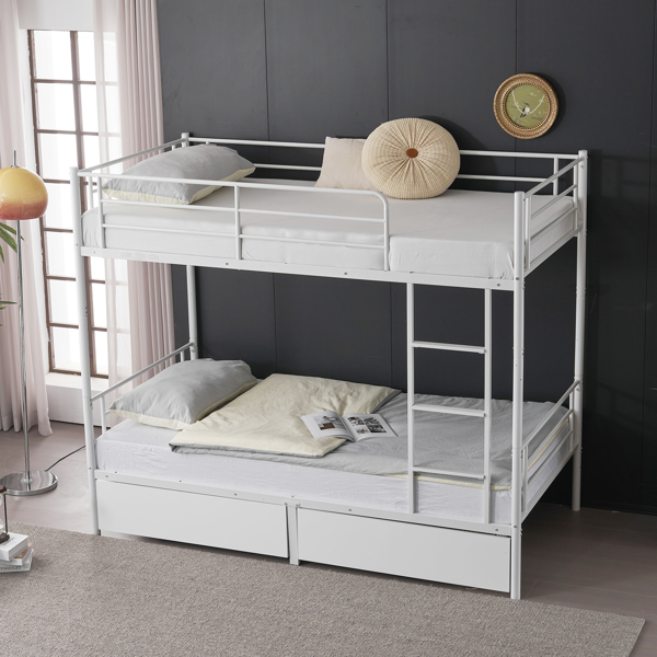 Twin Over Twin Convertible Bunk Bed with 2 Storage Drawers, Metal Bunk Bed Can be Divided Into Two Daybeds, White